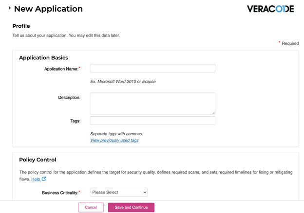 Veracode - Add new application 2
